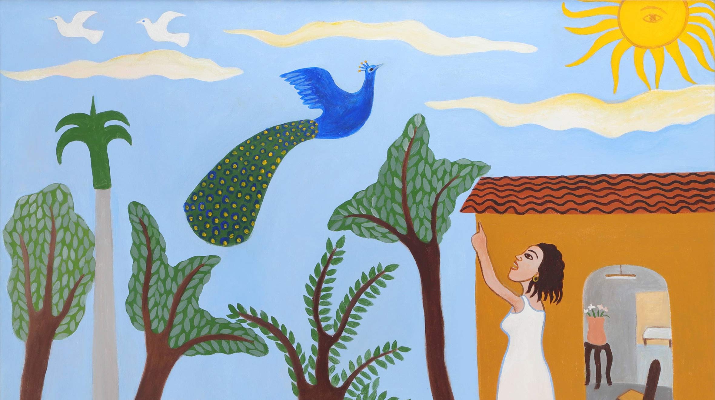 Colorful painting of a woman in a white dress pointing toward a blue peacock flying above trees, with a radiant sun watching from the sky.