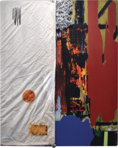 Abstract mixed-media work divided between a textured white sailcloth section and bold areas of red, black, blue, and olive green, with expressive painted marks and layered materials.
