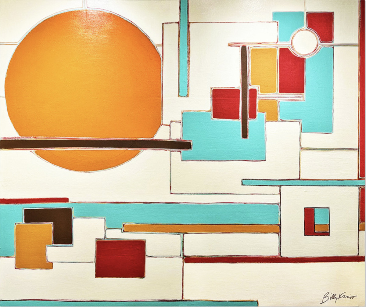 Abstract geometric painting with a large orange circle and an arrangement of turquoise, red, brown and white rectangular forms.