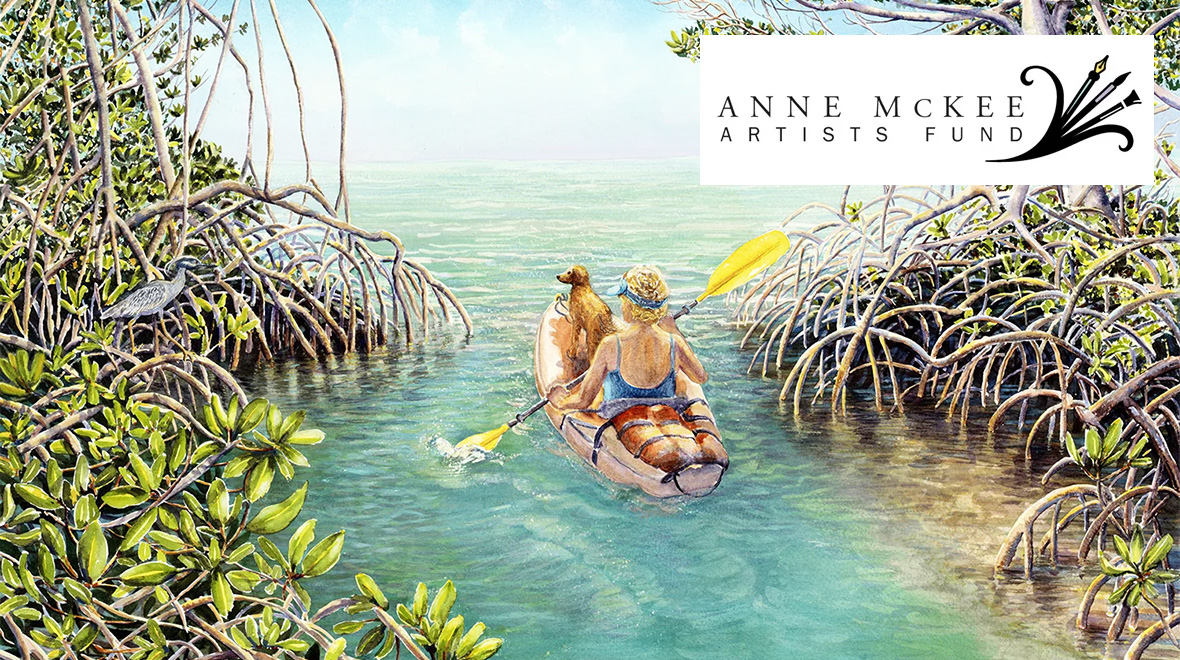 Watercolor-style illustration of a kayaker and dog paddling through clear turquoise water between dense mangroves, with a heron perched among the roots.