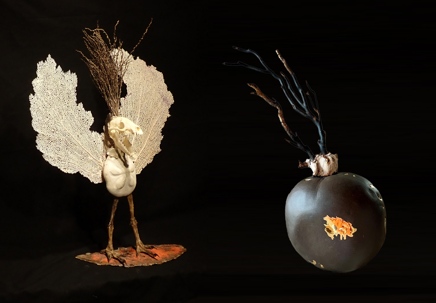 Sculptural works by Fred and Rita Troxel featuring a delicate found-object bird assemblage of bone and natural materials alongside a black ceramic vessel with gold leaf.