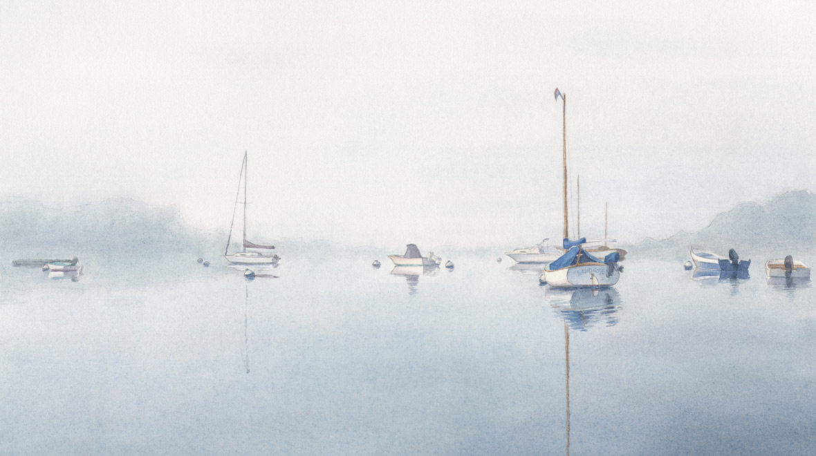 Watercolor painting of sailboats and small boats floating on calm, misty blue water, with soft reflections and a hazy shoreline in the distance.