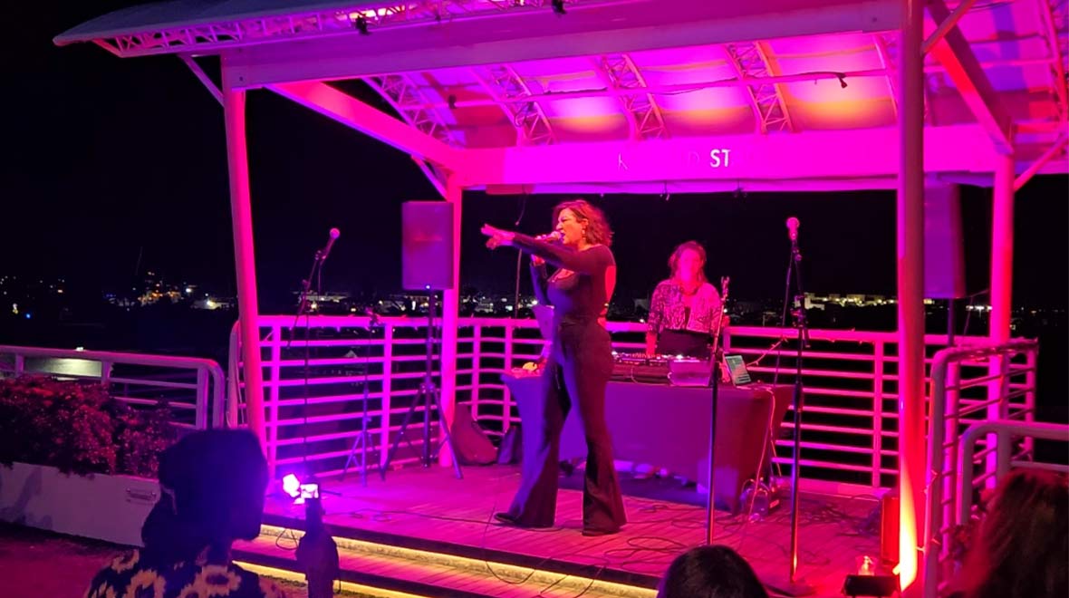 Hip-hop performance on Hugh’s View at night, with a vocalist and DJ performing under vibrant pink stage lights.