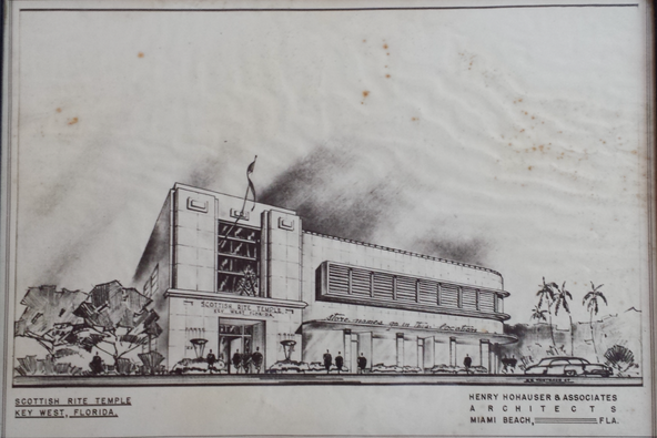 Architect's rendering of the Scottish Rite Temple in Key West, drawn by Henry Hohauser & Associates, showing a streamlined Art Deco building with a stepped tower and curved second-story wing.