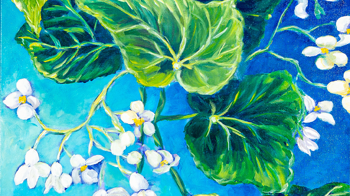 Vibrant painting of lush green leaves and delicate white flowers against a vivid turquoise and deep blue background.