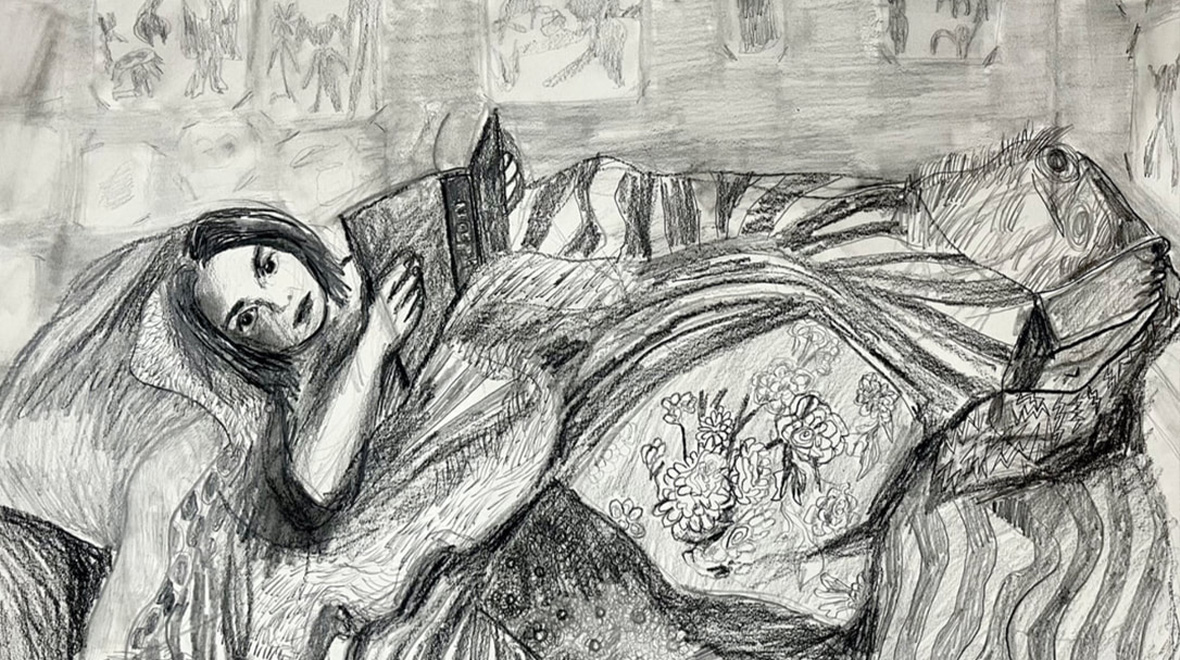Pencil drawing of a woman reclining on a patterned sofa while reading a book, surrounded by layered floral, striped, and geometric textiles and framed artwork on the wall behind her.