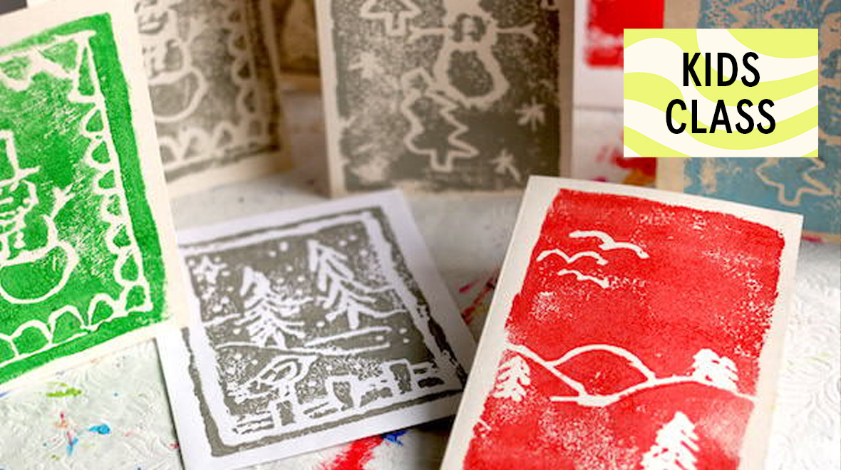 Colorful handmade block-printed cards featuring trees, birds and abstract designs, with a “Kids Class” graphic in the upper right.