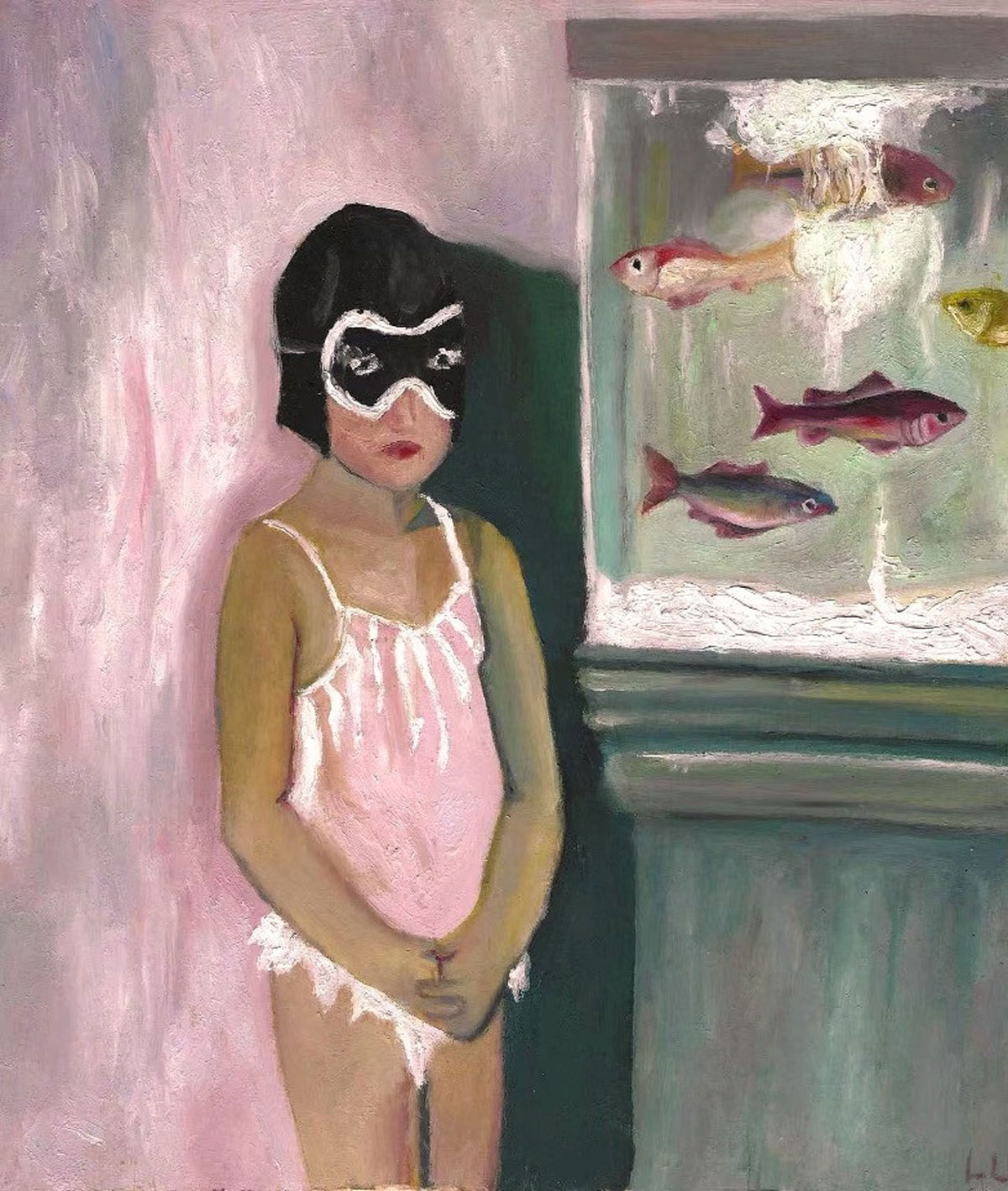 Oil painting of a child wearing swim goggles and a pink swimsuit, standing beside an aquarium filled with fish.