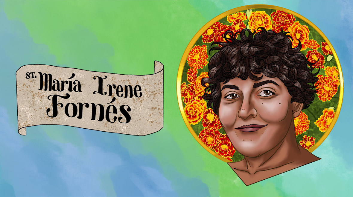 Illustrated portrait of María Irene Fornés framed by bright orange flowers, with her name on a scroll against a green and blue background.