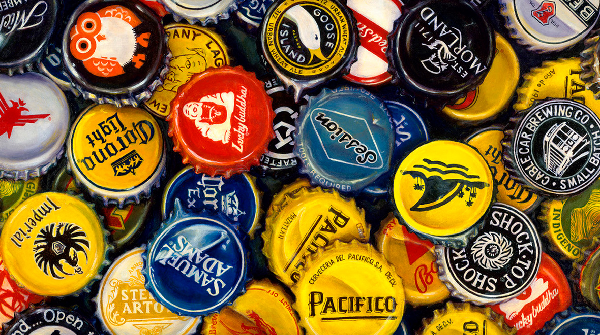 Close-up painting of a colorful assortment of overlapping bottle caps featuring beer and beverage logos.