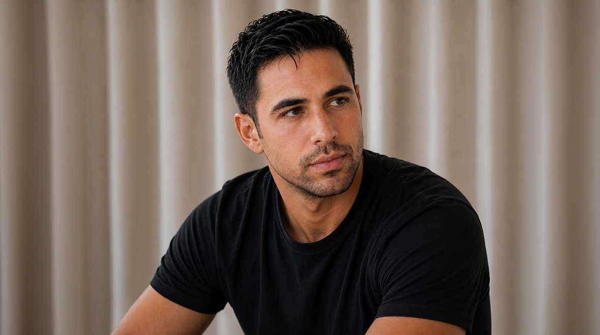 Portrait of pianist Nathan Kelly in a black shirt, seated against a neutral backdrop and looking off to the side.
