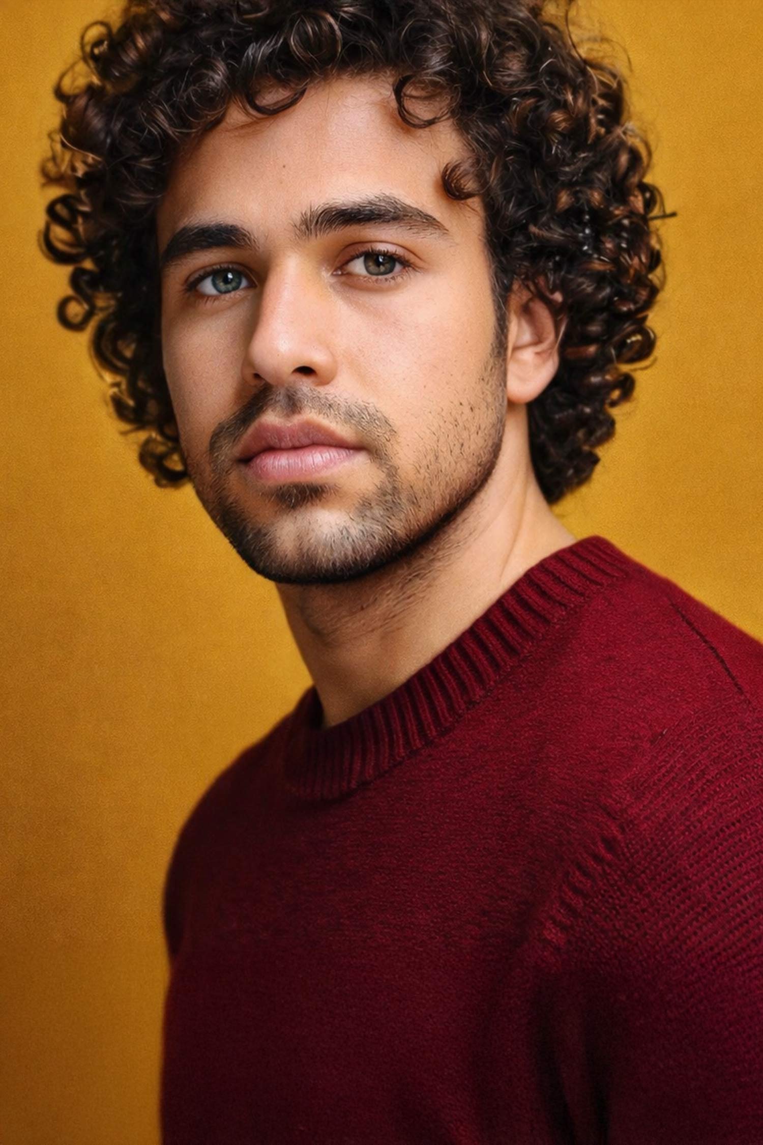 Portrait of a young man with curly dark hair wearing a burgundy sweater against a warm golden background.