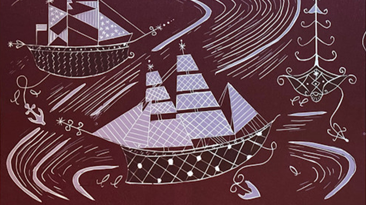 Graphic artwork depicting two stylized sailing ships and an ornate floating form surrounded by sweeping, wave-like lines against a deep burgundy background.