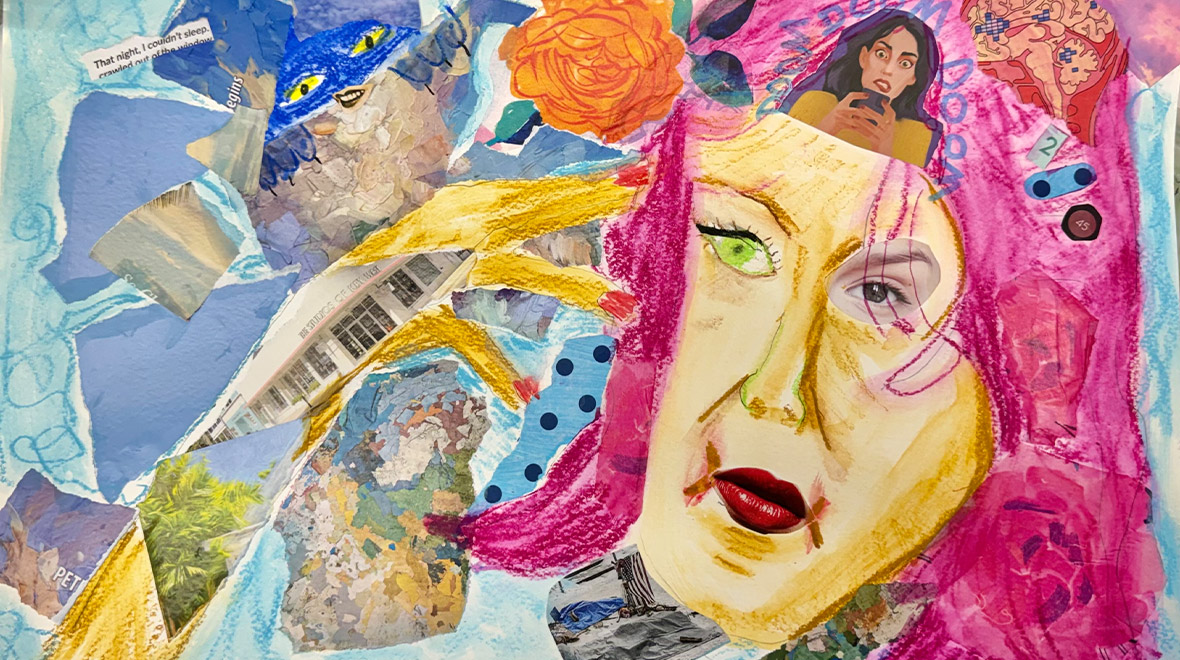 Colorful mixed-media collage featuring a stylized woman’s face with bright pink hair, surrounded by torn paper, drawings, photographs and abstract imagery.