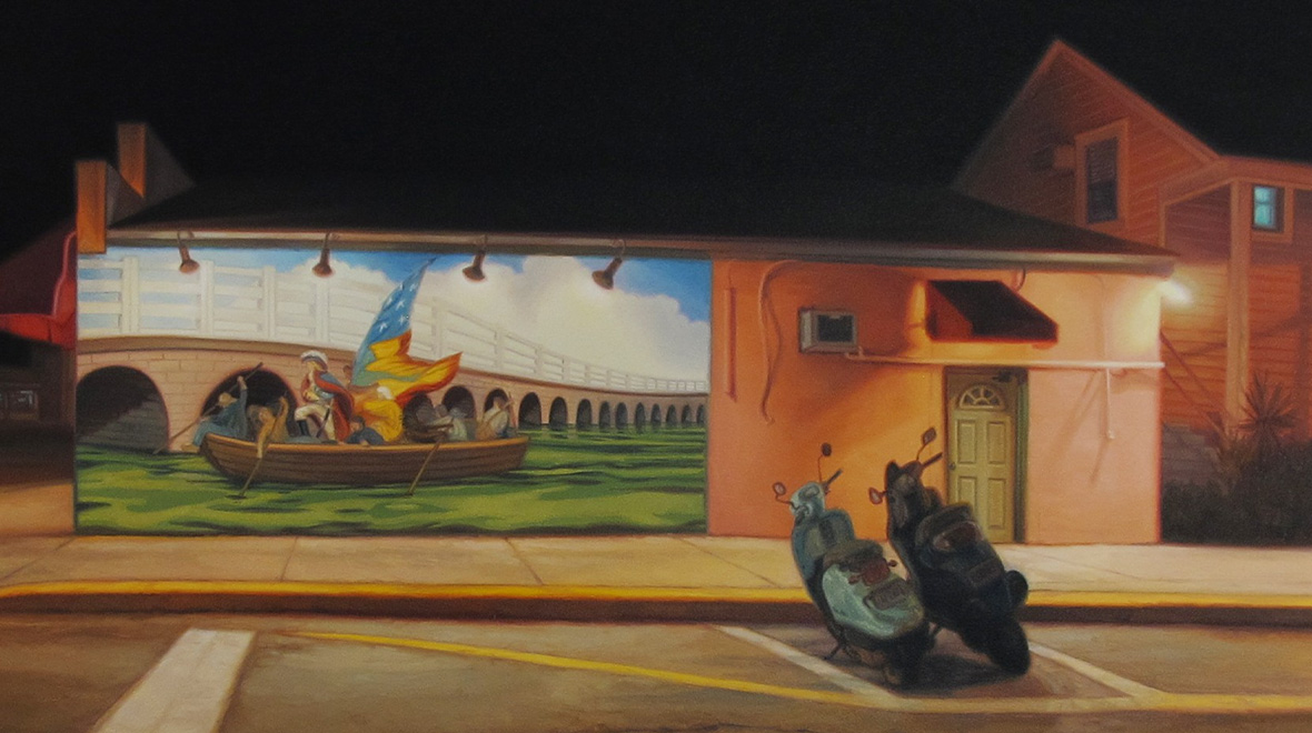 Nighttime painting of two scooters parked outside a brightly lit Key West building, where a large mural depicts figures traveling in a boat beneath a blue sky.