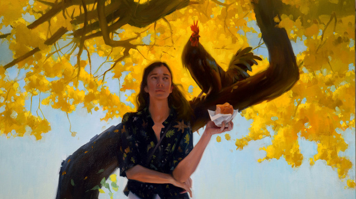 Painting of a woman standing beneath the brilliant yellow canopy of a flowering tree, holding food in her outstretched hand as a rooster perches on a low branch beside her.