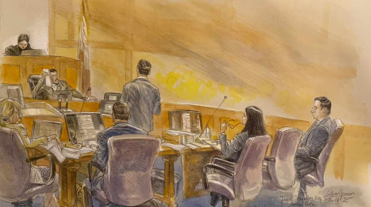 Courtroom drawing by Lothar Speer depicting attorneys and other participants during a federal court proceeding, rendered in warm washes of brown, gold, and gray.