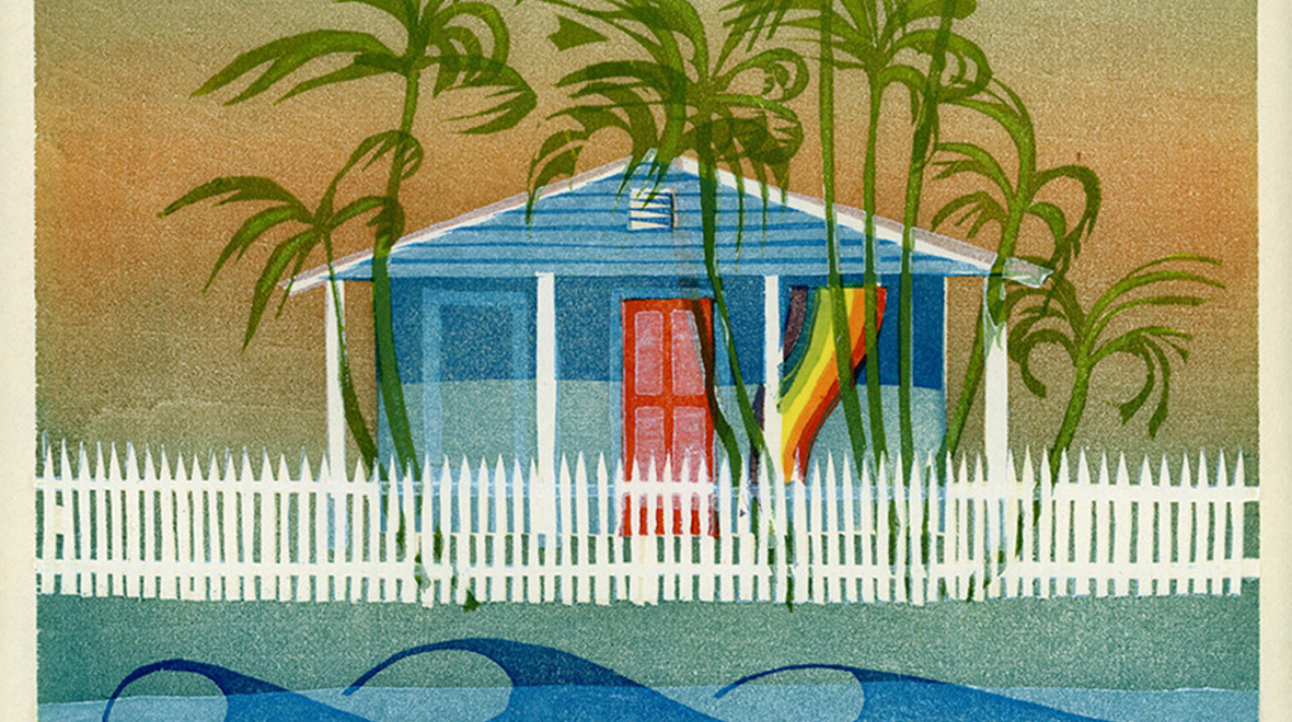 Print of a small blue Key West house with a red door and white picket fence, surrounded by tall palms beneath a muted green and golden sky.