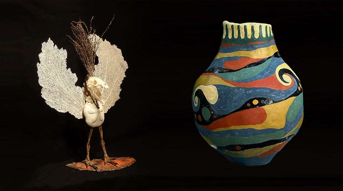 Sculptural works by Fred and Rita Troxel featuring a delicate found-object bird assemblage of bone and natural materials alongside a colorful hand-painted ceramic vessel.