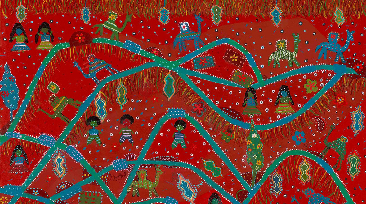 Vibrant red painting with stylized human and animal figures, flowers and decorative motifs connected by winding turquoise bands and surrounded by intricate textile-like patterns.