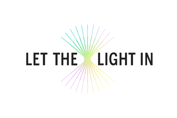 Let the Light In” in bold black letters, centered around a radiant burst of thin pastel-colored rays in soft blues, greens, pinks, purples, and yellows on a white background.