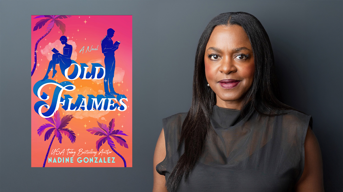 Author portrait beside the colorful cover of Old Flames, a novel by Nadine Gonzalez.