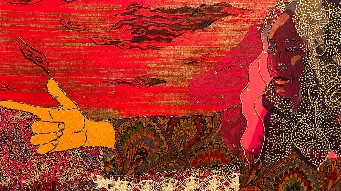 Mixed-media artwork in vivid reds, pinks and golds depicting a figure with an outstretched hand, surrounded by richly patterned fabrics, beading and swirling abstract forms.