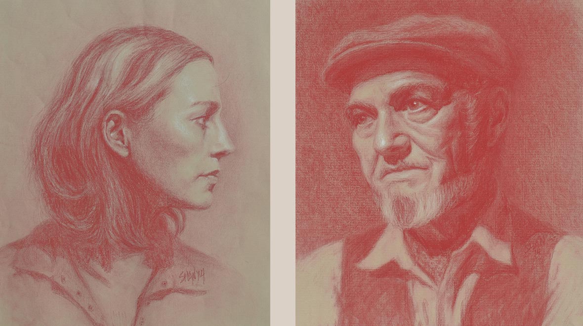 Two red-toned portrait drawings side by side: a woman shown in profile and an older man wearing a cap, rendered with finely shaded, expressive detail.