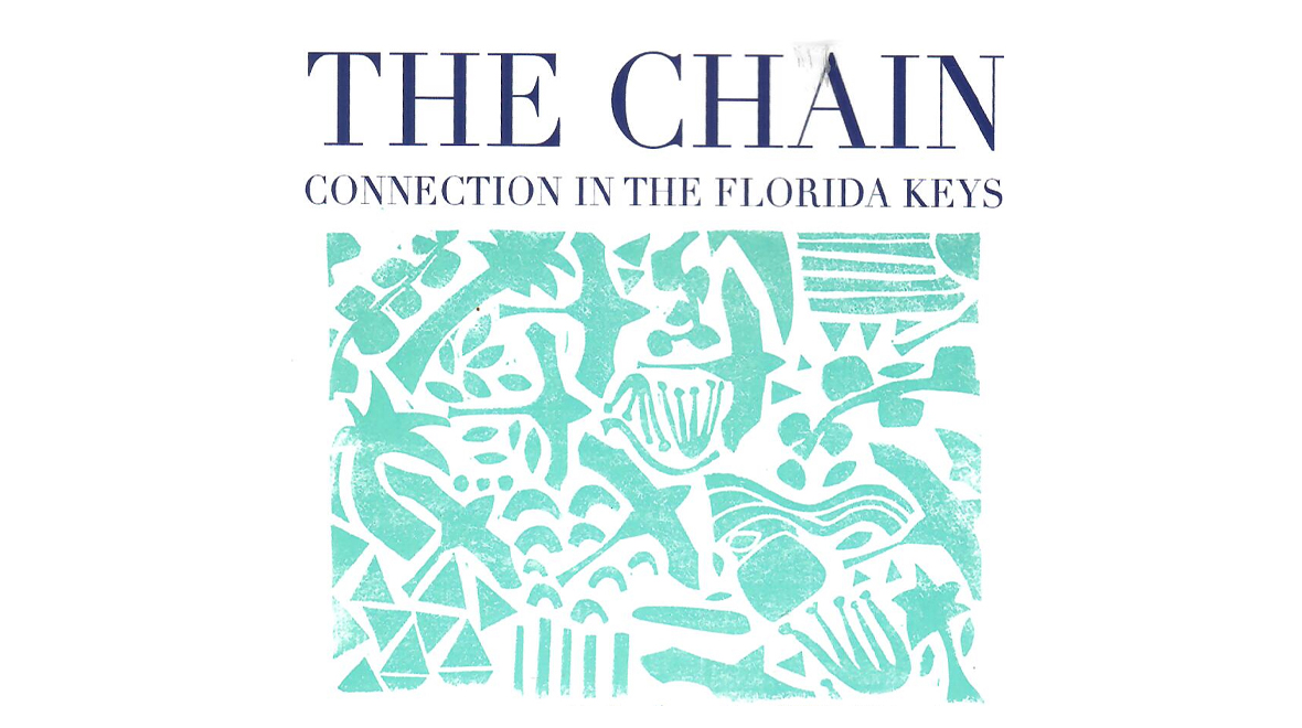 Cover of The Chain: Connection in the Florida Keys, featuring an aqua abstract pattern of tropical and geometric forms on a white background.