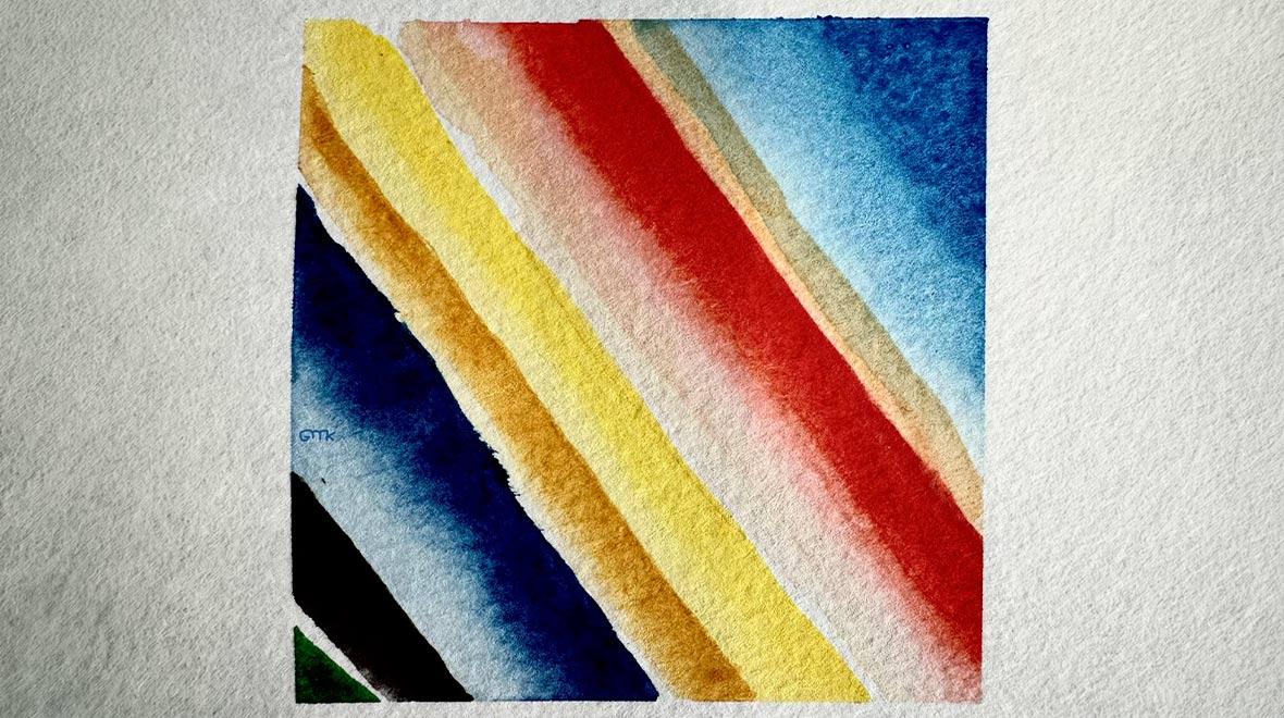 Abstract watercolor painting featuring bold diagonal bands of yellow, red, orange, blue and green with softly blended edges.