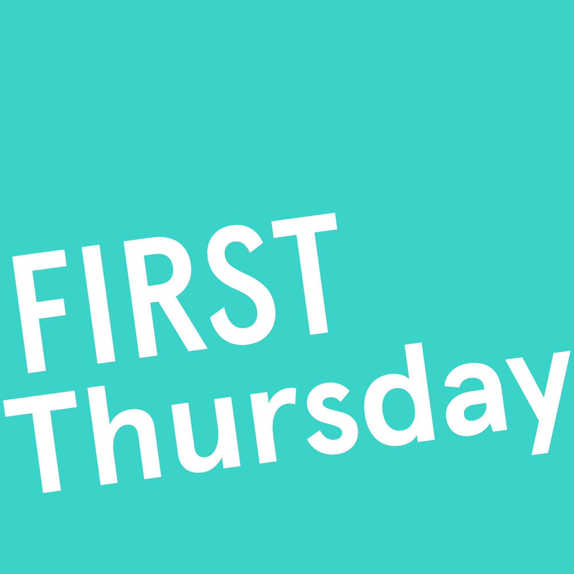First Thursday in bold white lettering on a turquoise circle.