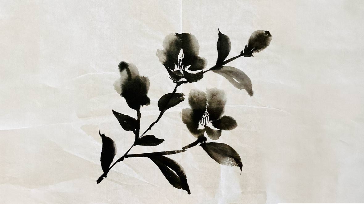 Black ink painting of a flowering branch with delicate blossoms, dark leaves and expressive brushstrokes on a pale background.